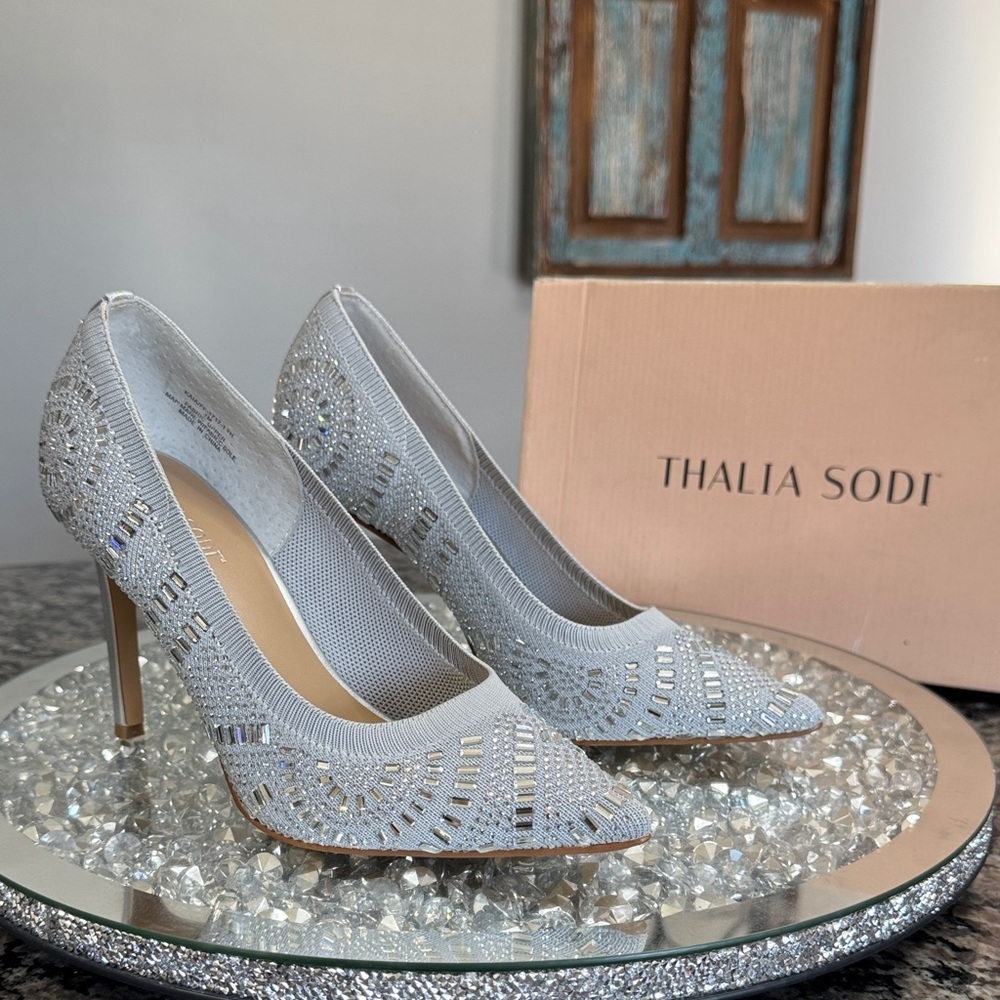 Thalia Sodi Glittering Silver Bling Heels NEW 7